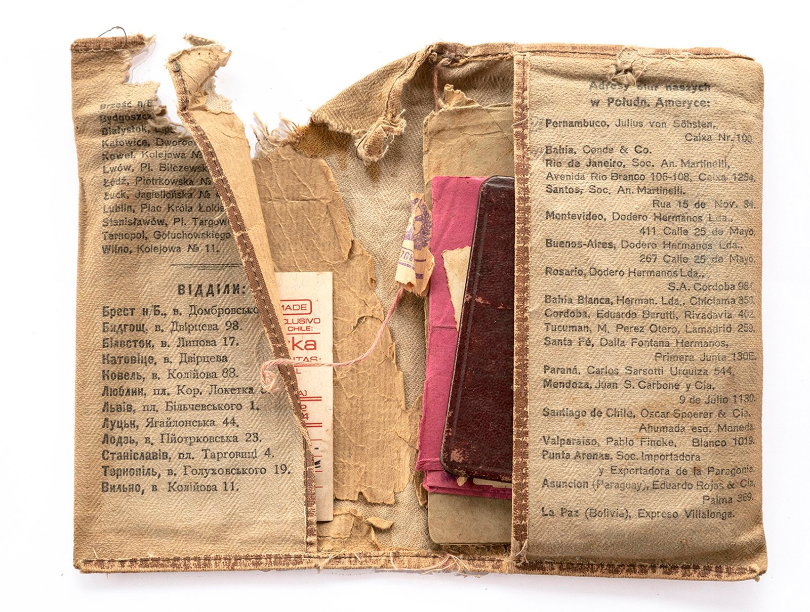 Pocket for travel documents of one of the transatlantic carriers with the addresses of their offices in Europe and South America. Beginning of the XXth century.